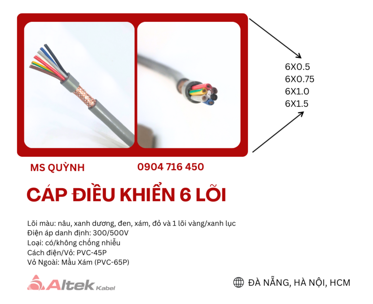 Dây cáp 6×0.5, 6×0.75, 6×1.0, 6×1.5 chống nhiễu Altek Kabel Đà Nẵng, Hà Nội, Bắc Ninh, Bình