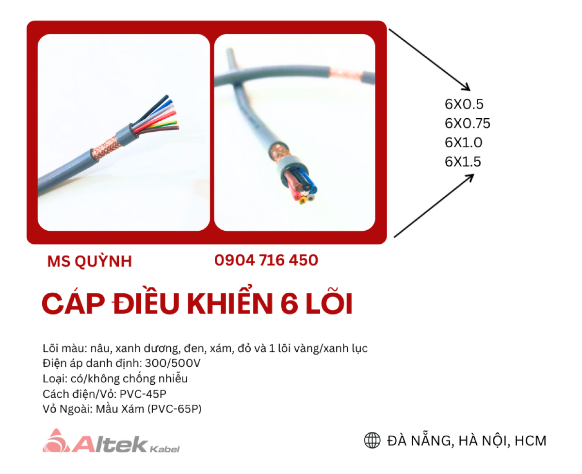 Dây cáp 6×0.5, 6×0.75, 6×1.0, 6×1.5 chống nhiễu Altek Kabel Đà Nẵng, Hà Nội, Bắc Ninh, Bình