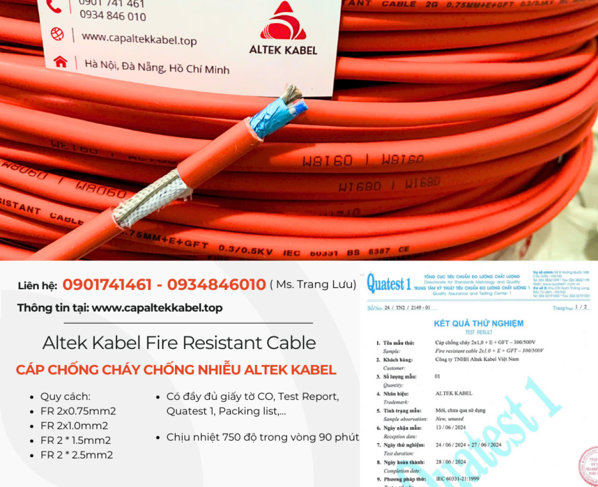 Cáp chống cháy chống nhiễu 2x0.75/ 2x1.0/ 2x1.5/ 2x2.5 Altek Kabel chính hãng