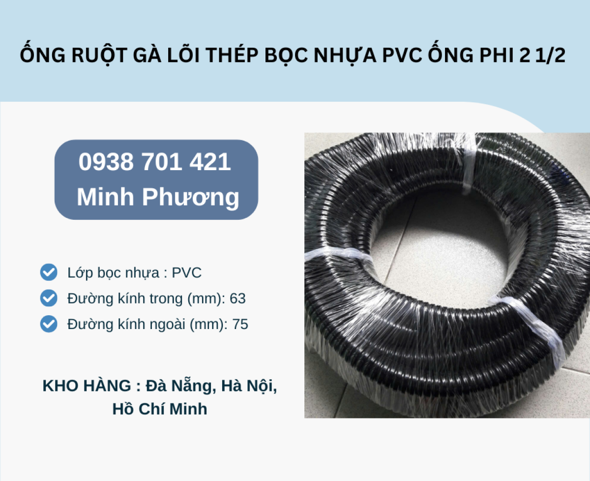 Ống ruột gà lõi thép bọc nhựa Pvc ống phi 2 1/2 có sẵn Đà Nẵng, Hà Nội, Hồ Chí Minh