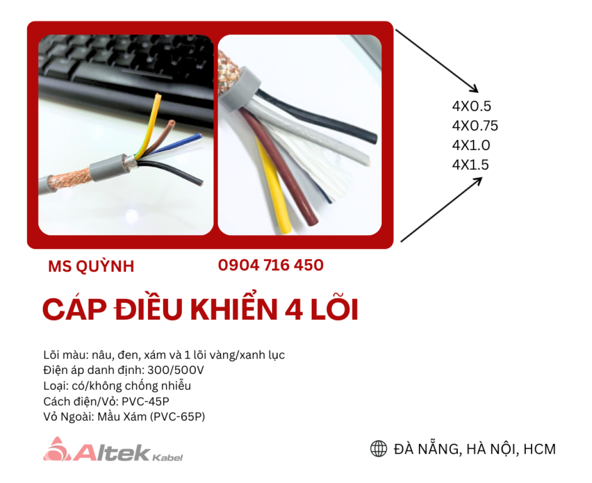Cáp điều khiển Altek Kabel 4x0.5, 4x0.75, 4x1.0, 4x1.5 Hà Nội, Đà Nẵng, Huế, Vinh, Điện Biên