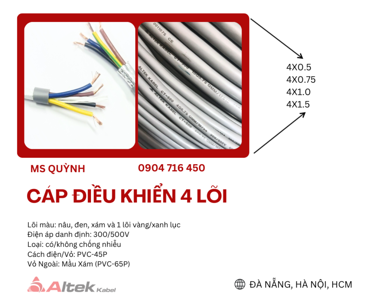 Cáp điều khiển Altek Kabel 4x0.5, 4x0.75, 4x1.0, 4x1.5 Hà Nội, Đà Nẵng, Huế, Vinh, Điện Biên