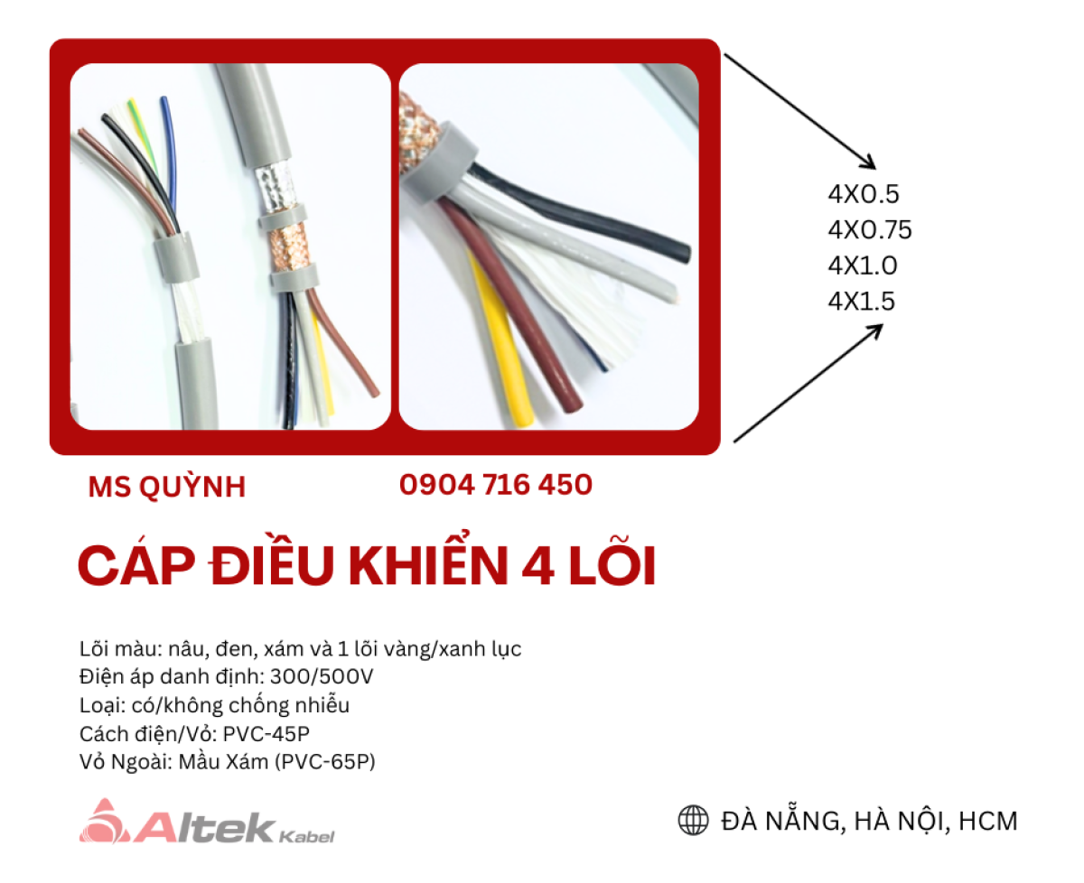 Cáp điều khiển Altek Kabel 4x0.5, 4x0.75, 4x1.0, 4x1.5 Hà Nội, Đà Nẵng, Huế, Vinh, Điện Biên