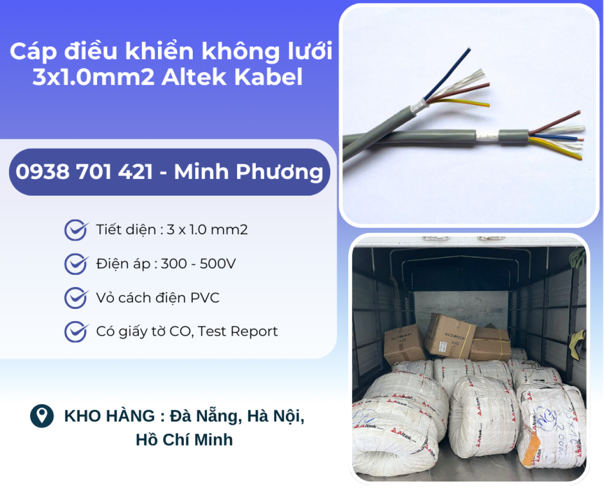 Cáp điều khiển không lưới 3x1.0mm2 Altek Kabel Phú Yên, Thanh Hóa, Gia Lai