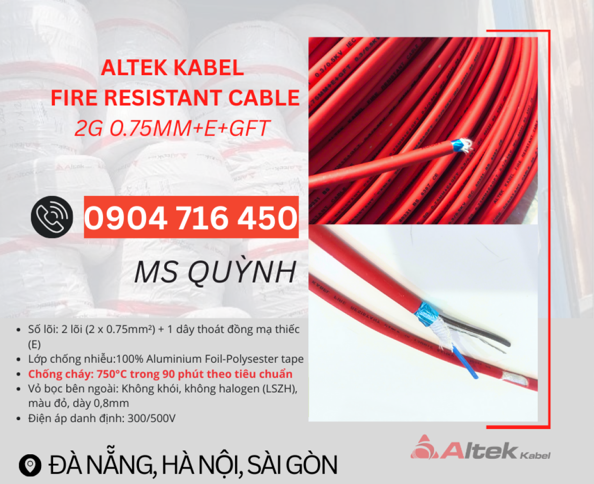 Cáp Chống Cháy Chống Nhiễu 2x0.75mm2 Altek Kabel Đà Nẵng, Nghệ An, Huế, Bình Định