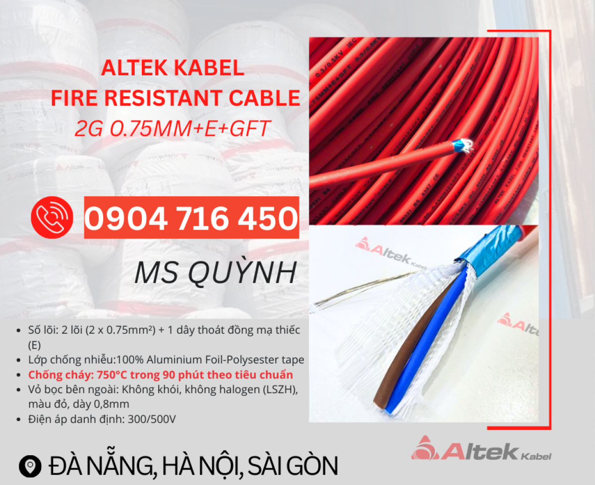 Cáp Chống Cháy Chống Nhiễu 2x0.75mm2 Altek Kabel Đà Nẵng, Nghệ An, Huế, Bình Định