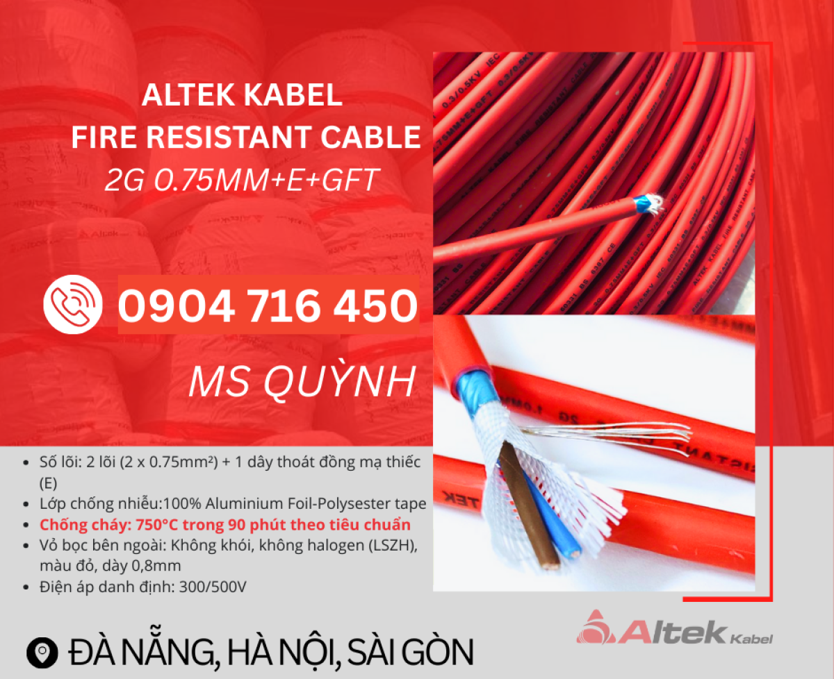 Cáp Chống Cháy Chống Nhiễu 2x0.75mm2 Altek Kabel Đà Nẵng, Nghệ An, Huế, Bình Định
