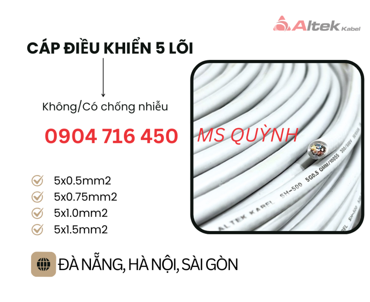Cáp điều khiển thang máy 5x0.5, 5x0.75, 5x1.0 Altek Kabel