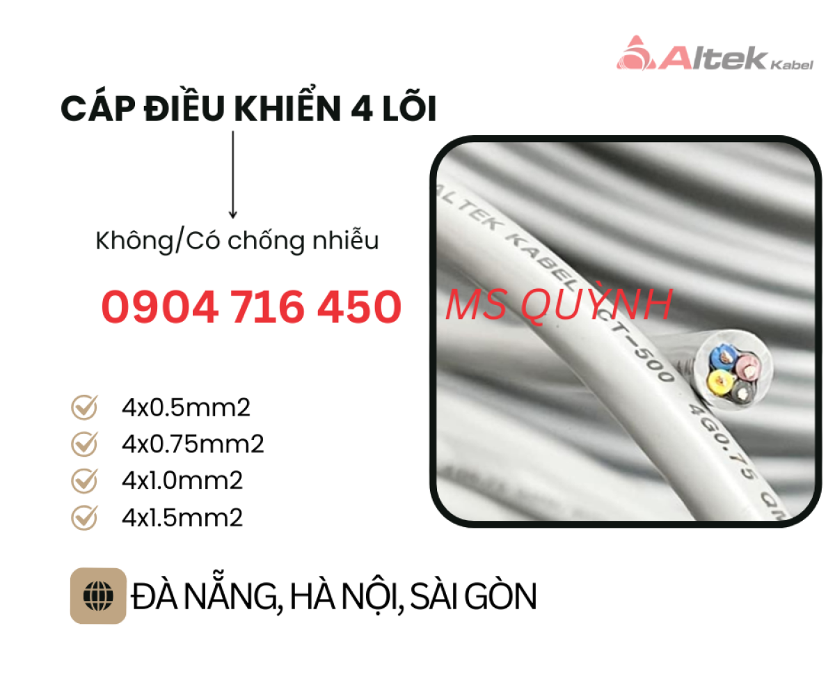 Cáp 4 core Altek Kabel 4x0.5, 4x-.75, 4x1.0,4x1.5 Đà Nẵng, Hà Nội, Bình Định, Phú Yên