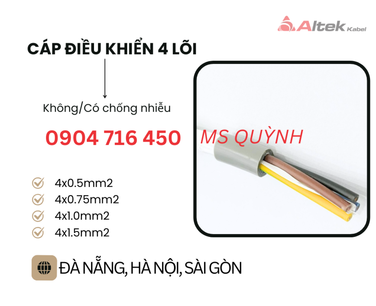 Cáp 4 core Altek Kabel 4x0.5, 4x-.75, 4x1.0,4x1.5 Đà Nẵng, Hà Nội, Bình Định, Phú Yên
