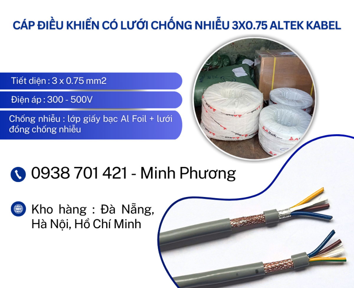 Cáp điều khiển có lưới chống nhiễu 3x0.75 Altek Kabel Huế, Quảng Ngãi, Quảng Trị