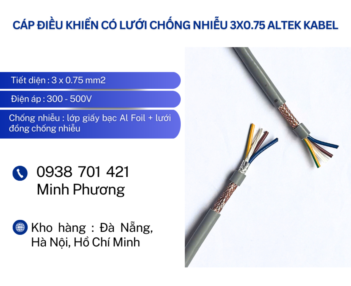Cáp điều khiển có lưới chống nhiễu 3x0.75 Altek Kabel Huế, Quảng Ngãi, Quảng Trị
