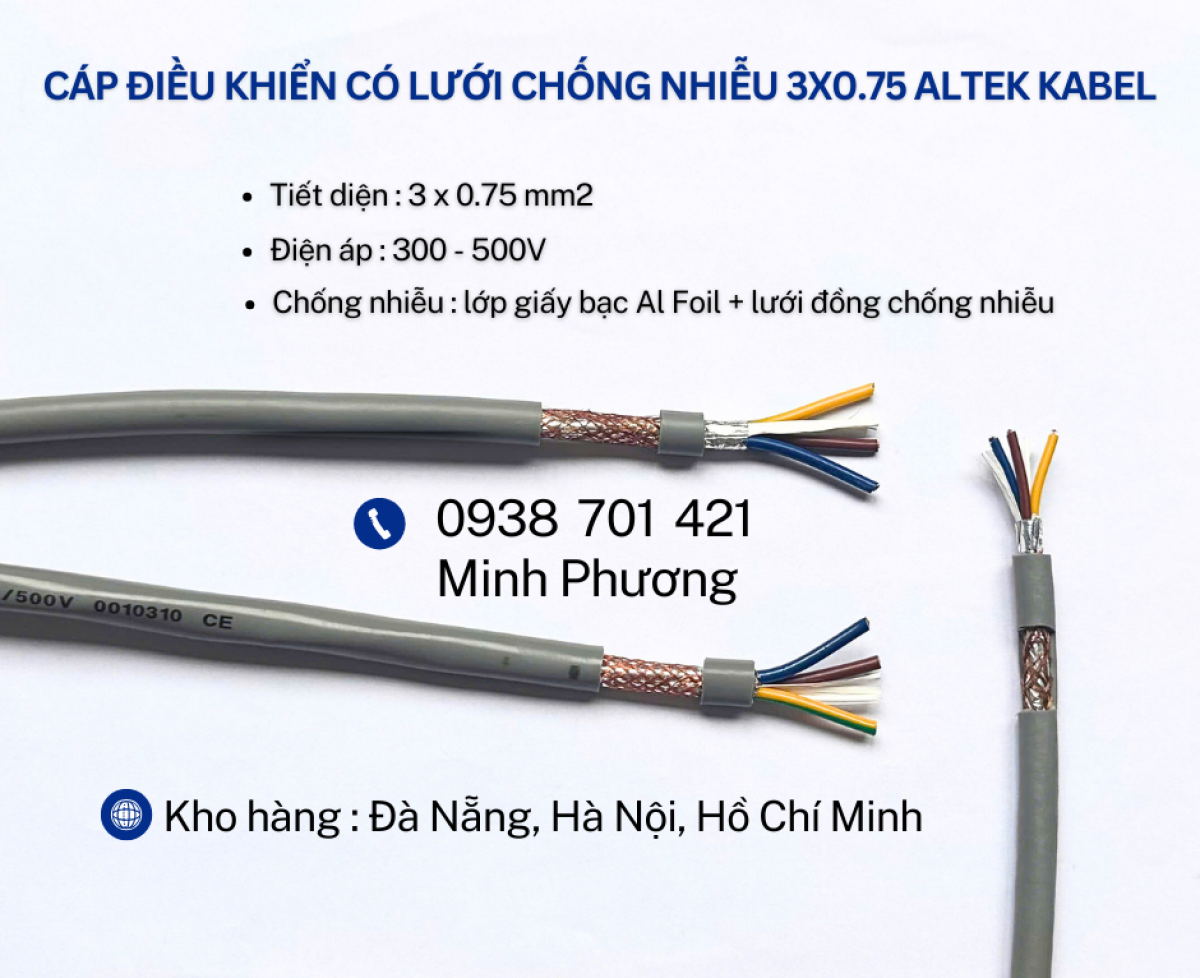 Cáp điều khiển có lưới chống nhiễu 3x0.75 Altek Kabel Huế, Quảng Ngãi, Quảng Trị