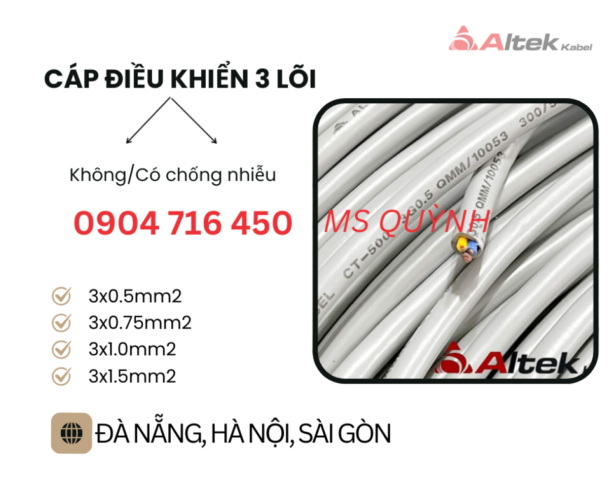 Cáp điều khiển, tín hiệu, thang máy 3x0.5, 3x0.75, 3x1.0 Altek Kabel