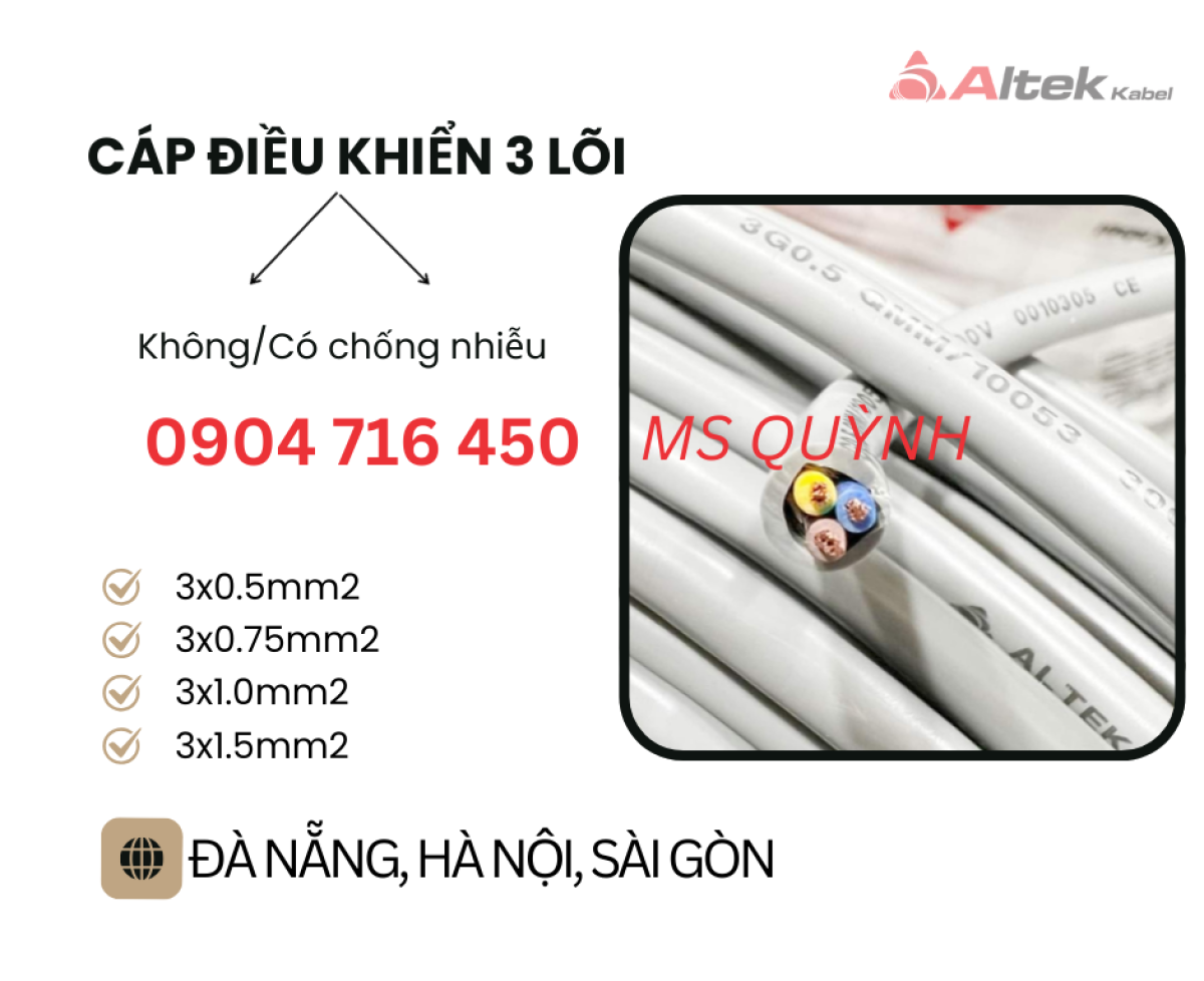 Cáp điều khiển, tín hiệu, thang máy 3x0.5, 3x0.75, 3x1.0 Altek Kabel