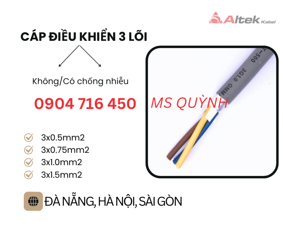 Cáp điều khiển, tín hiệu, thang máy 3x0.5, 3x0.75, 3x1.0 Altek Kabel