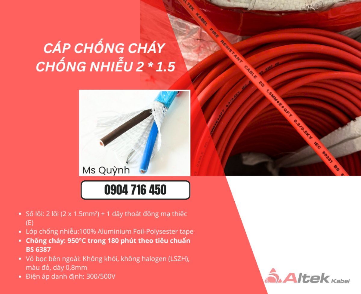 Dây tín hiệu chống cháy chống nhiễu 2x1.5mm2 Altek Kabel