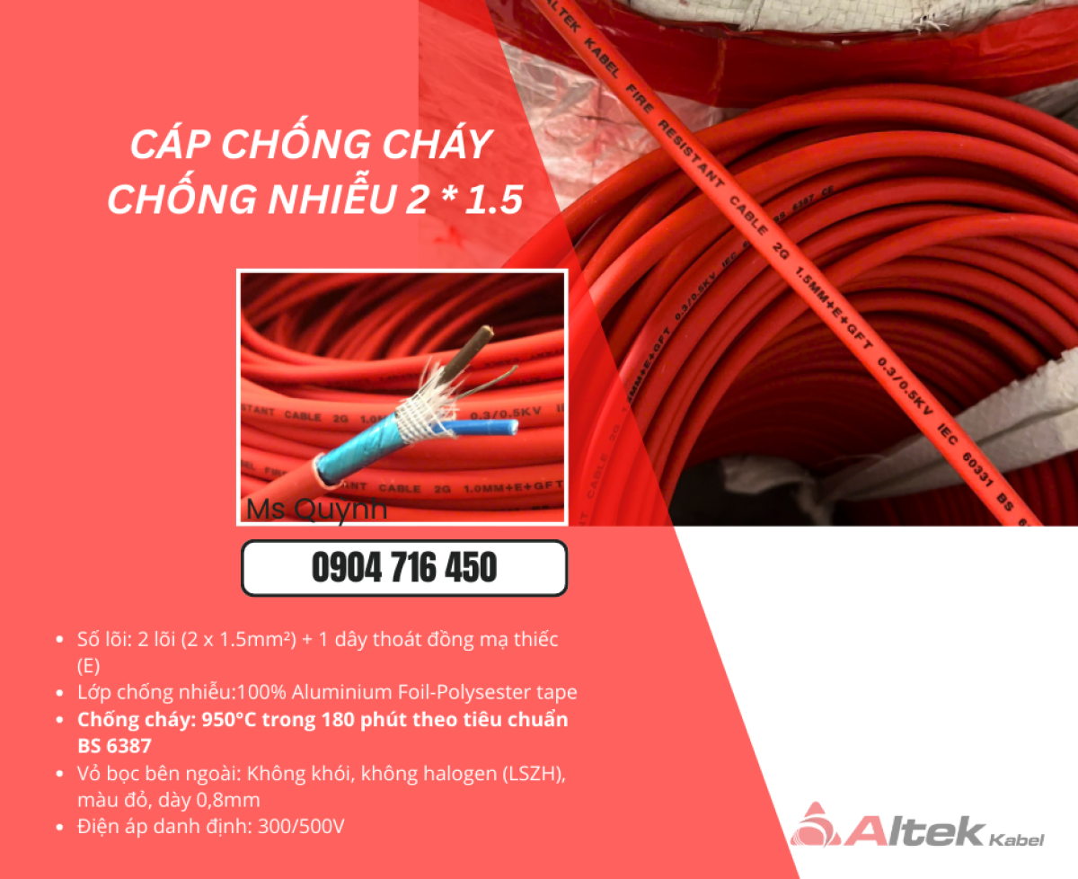 Dây tín hiệu chống cháy chống nhiễu 2x1.5mm2 Altek Kabel