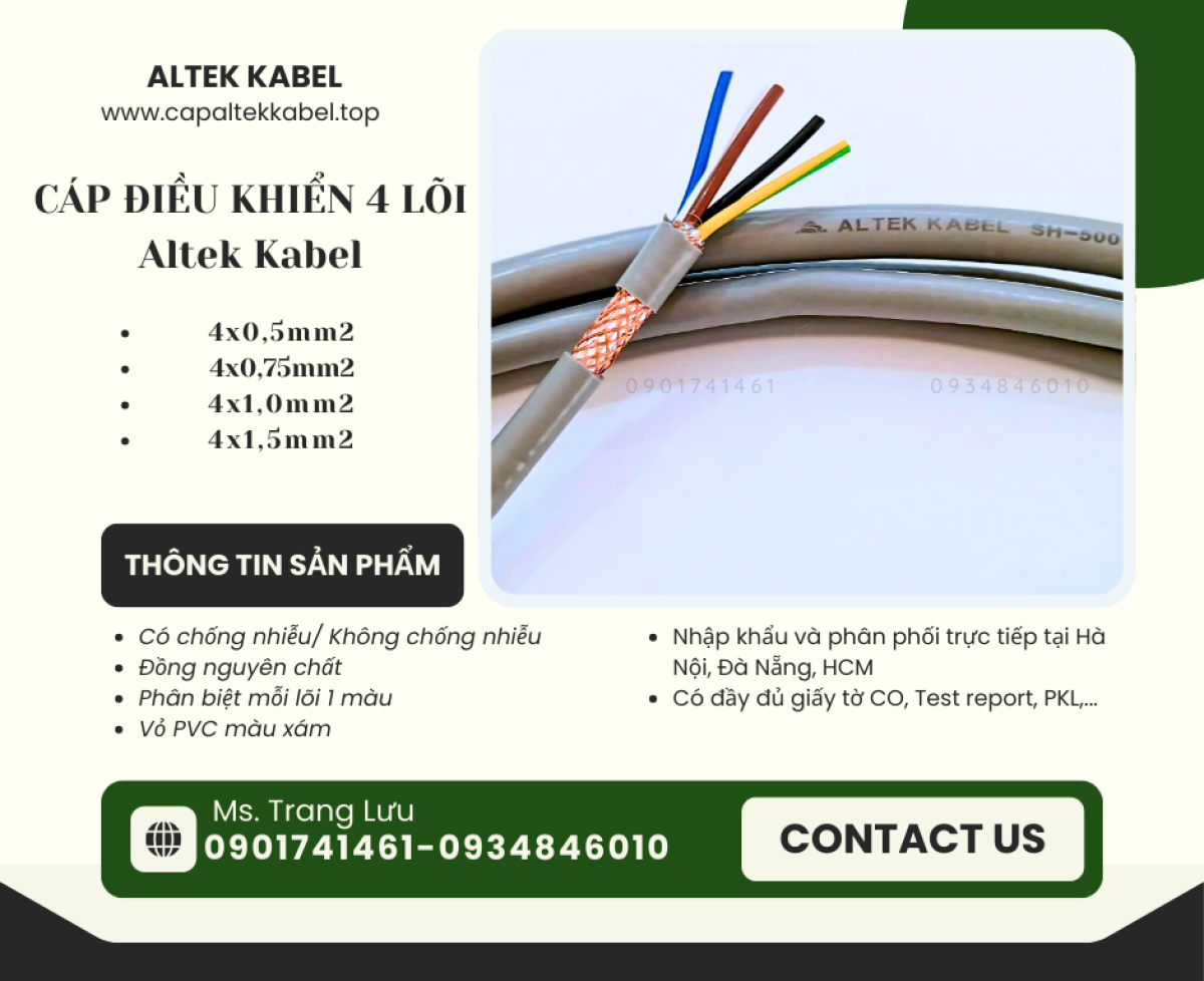 Cáp điều khiển chống nhiễu/ không chống nhiễu 4x0.5, 4x0.75, 4x1.0, 4x1.5