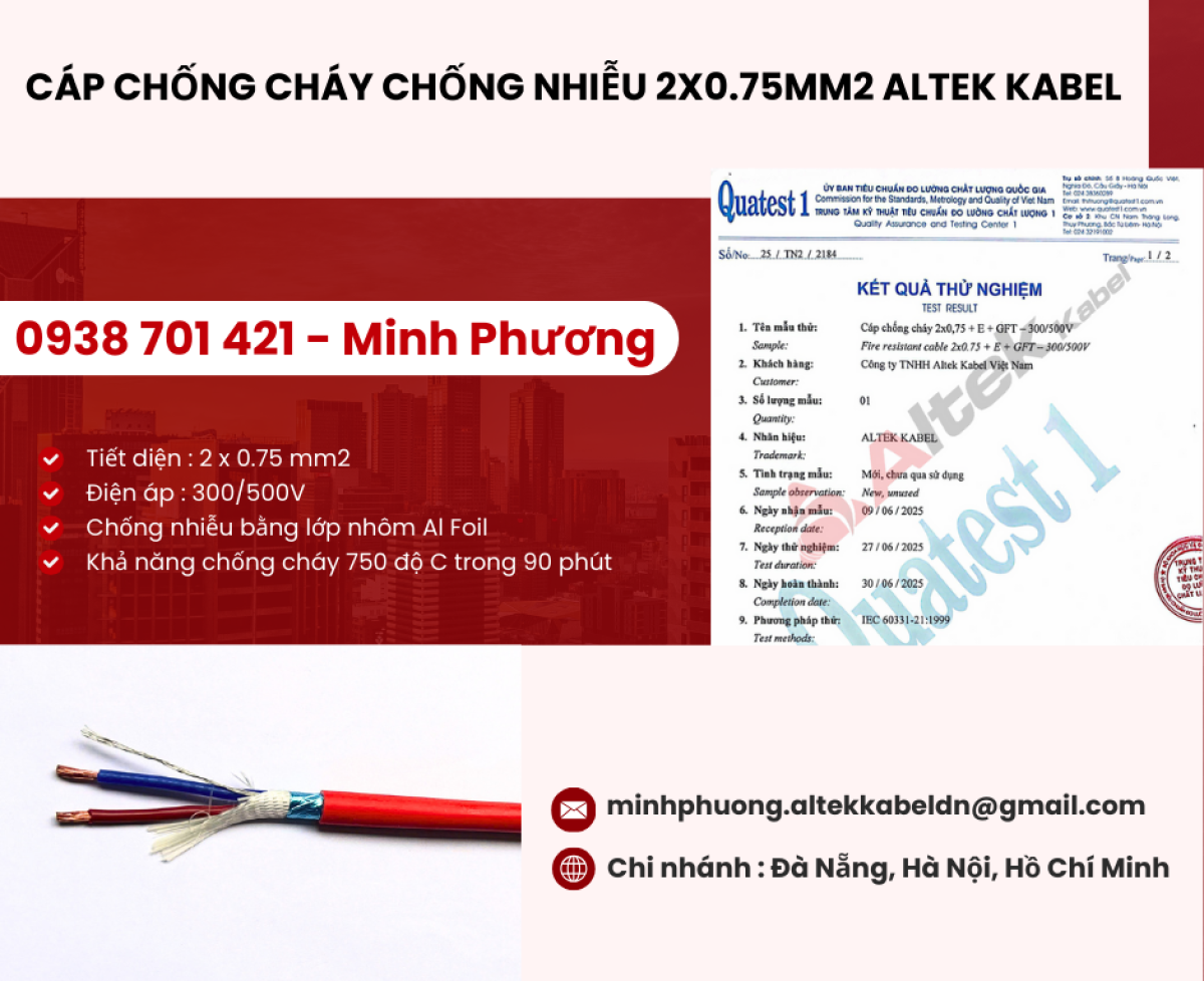 Dây cáp điện chống cháy chống nhiễu 2 lõi 0.75mm2 Đà Nẵng, Hà Nội, Hồ Chí Minh