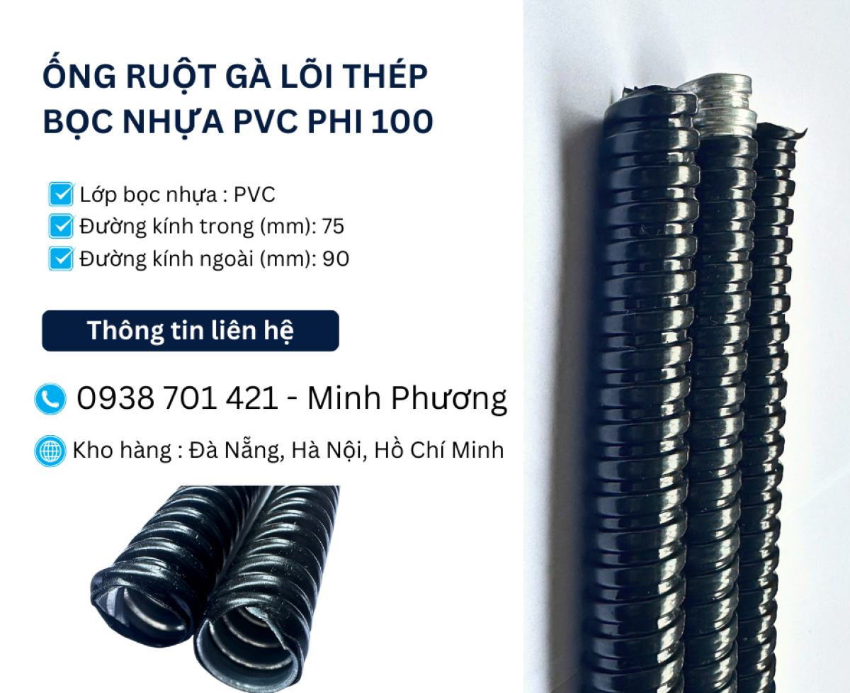 Ống ruột gà lõi thép bọc nhựa Pvc phi 100 sẵn kho Đà Nẵng, Hà Nội, Hồ Chí Minh