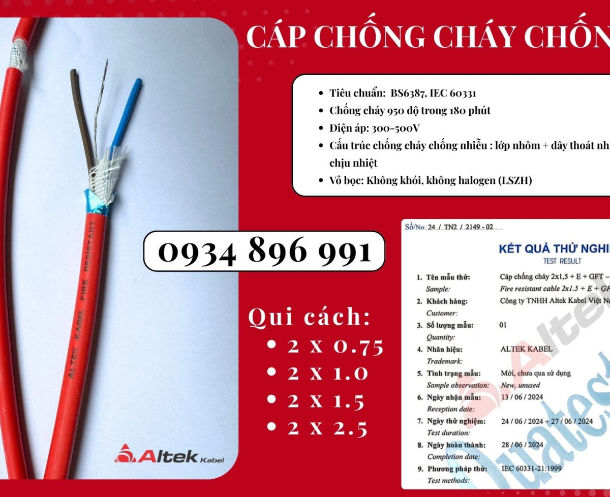 Cáp Chống Cháy Chống Nhiễu 2 X1.5 Đạt Chuẩn Bs6387, Iec 60331 Sơn La, Hòa Bình, Yên Bái