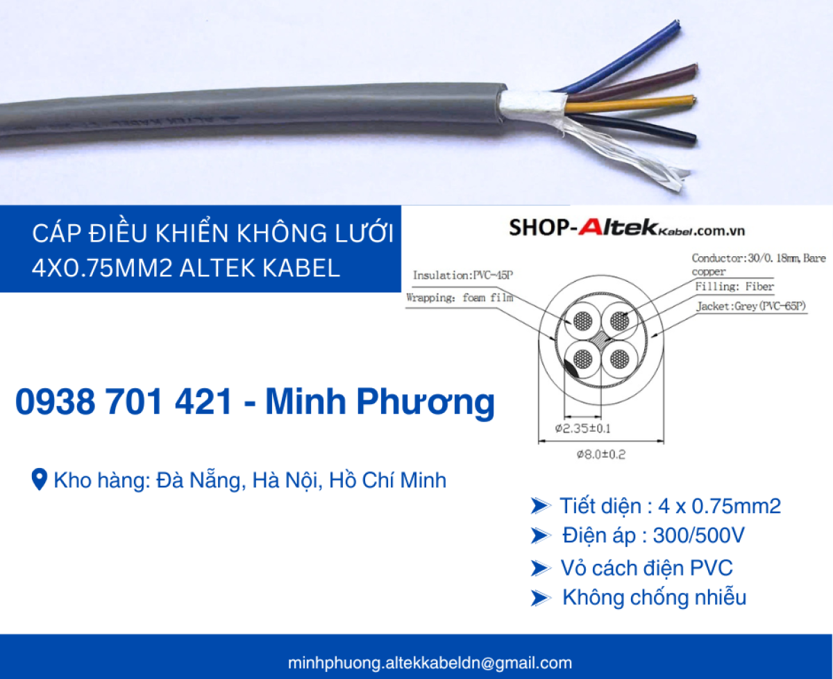 Dây cáp điện không lưới 4x0.75mm2 Altek Kabel Đắk Lắk, Đắk Nông, Lâm Đồng