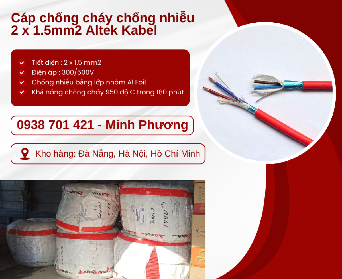 Dây cáp điện chống cháy chống nhiễu 2x1.5mm2 sẵn kho Đà Nẵng, Hà Nội, Hồ Chí Minh