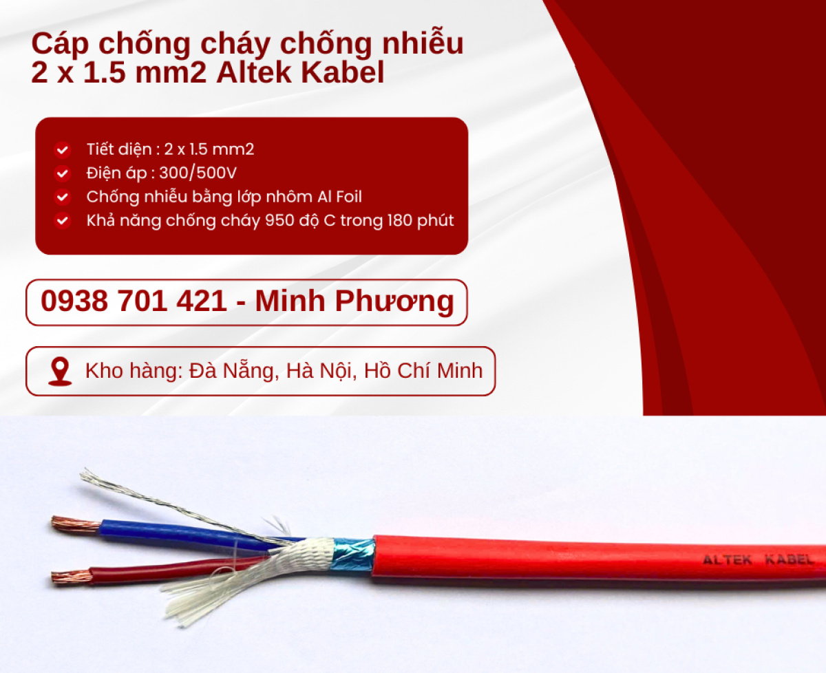 Dây cáp điện chống cháy chống nhiễu 2x1.5mm2 sẵn kho Đà Nẵng, Hà Nội, Hồ Chí Minh
