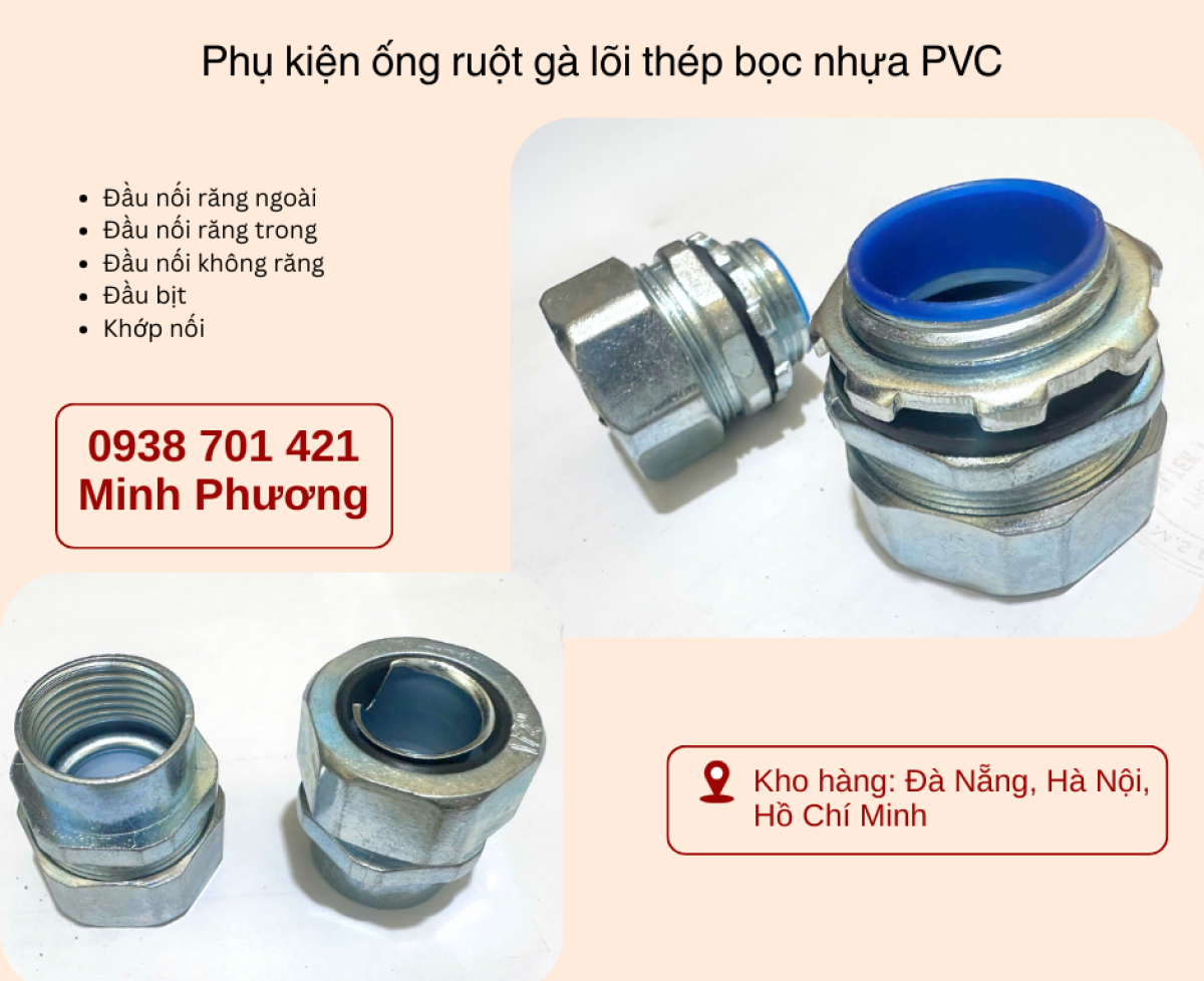 Phụ kiện ống ruột gà lõi thép bọc nhựa PVC sẵn kho Đà Nẵng, Hà Nội, Hồ Chí Minh