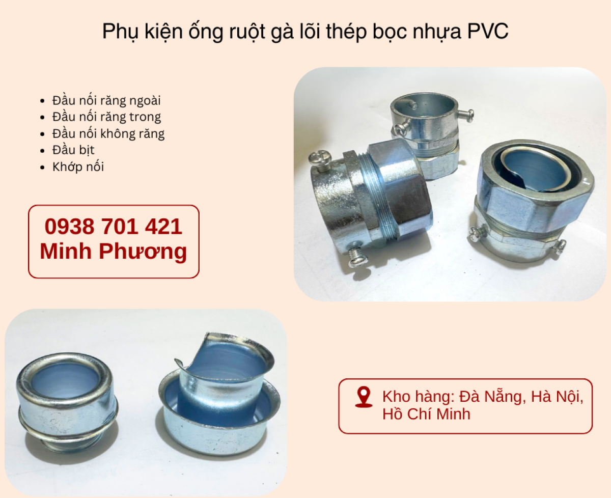 Phụ kiện ống ruột gà lõi thép bọc nhựa PVC sẵn kho Đà Nẵng, Hà Nội, Hồ Chí Minh