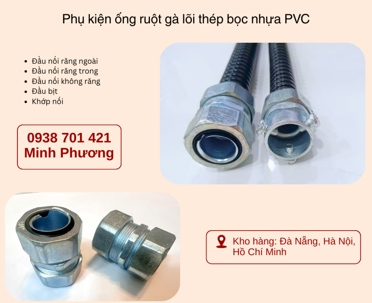 Phụ kiện ống ruột gà lõi thép bọc nhựa PVC sẵn kho Đà Nẵng, Hà Nội, Hồ Chí Minh