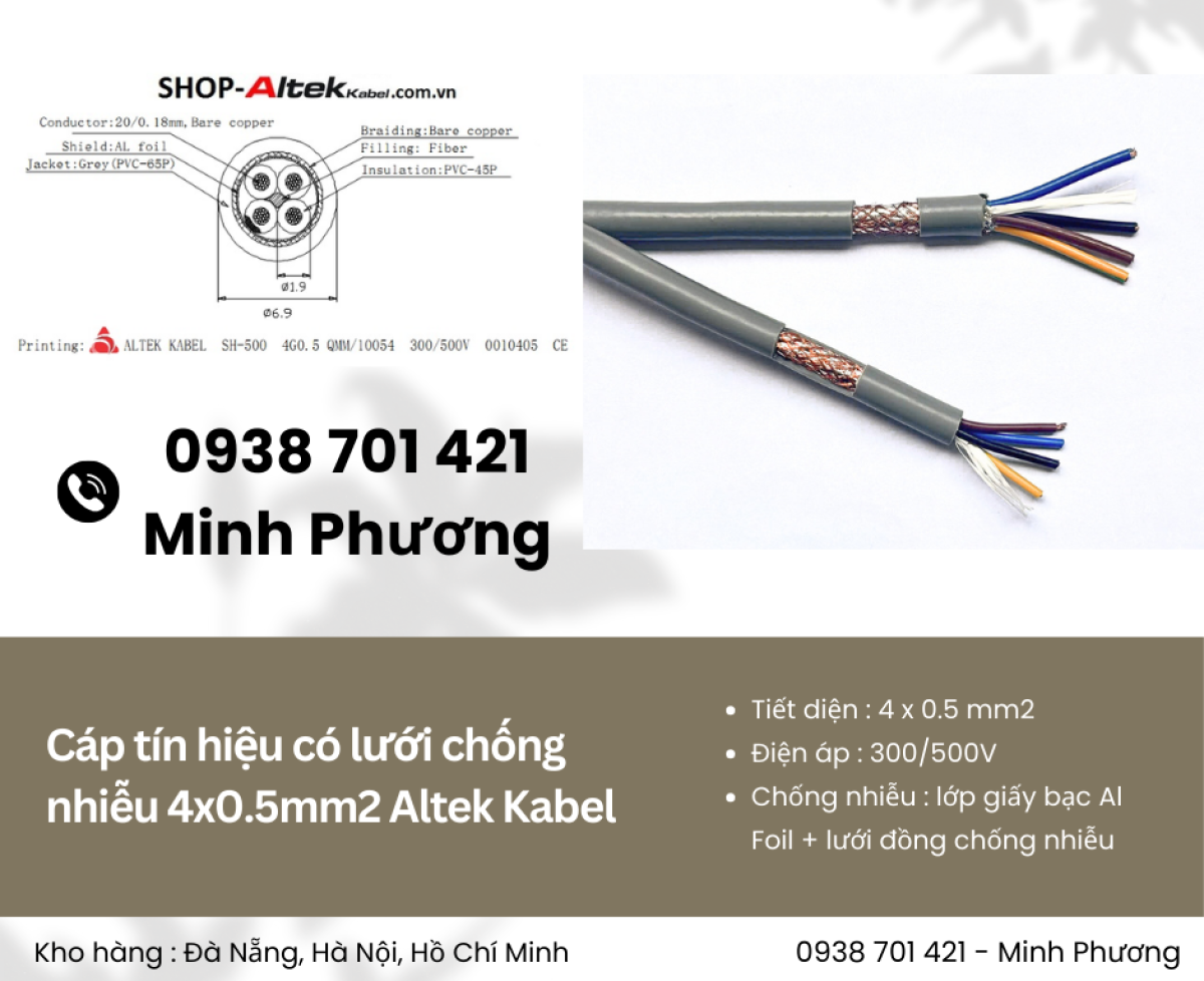 Cáp tín hiệu có lưới chống nhiễu 4x0.5mm2 Altek Kabel chính hãng, giao ngay
