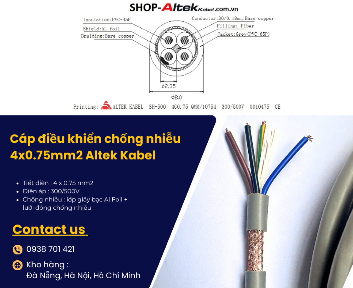 Cáp điều khiển chống nhiễu 4x0.75mm2 giao ngay Đà Nẵng, Quảng Nam, Quảng Ngãi