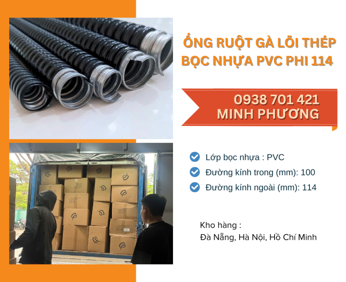 Ống ruột gà lõi thép bọc nhựa Pvc phi 114 Quảng Ngãi, Ninh Thuận, Gia lai