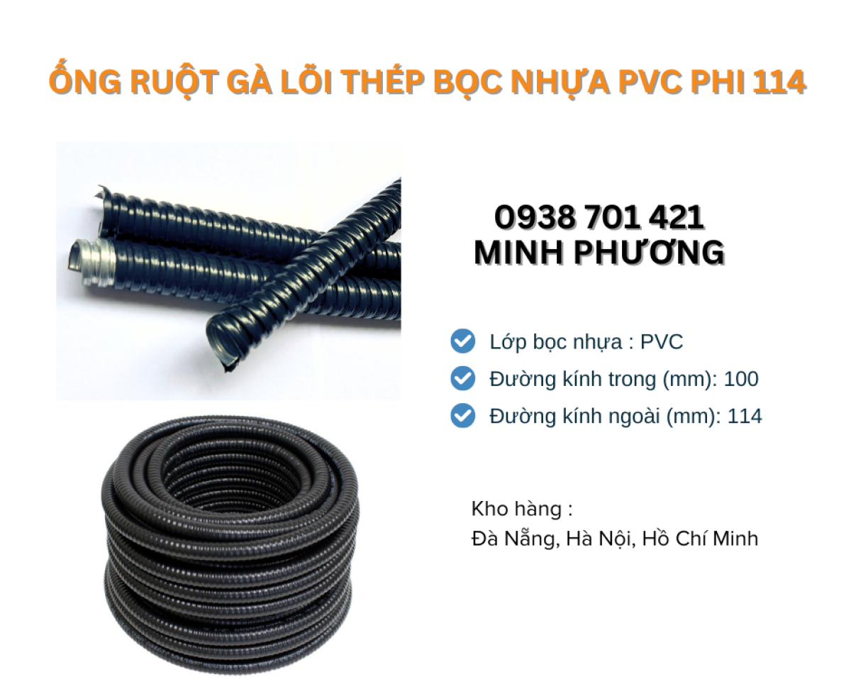Ống ruột gà lõi thép bọc nhựa Pvc phi 114 Quảng Ngãi, Ninh Thuận, Gia lai