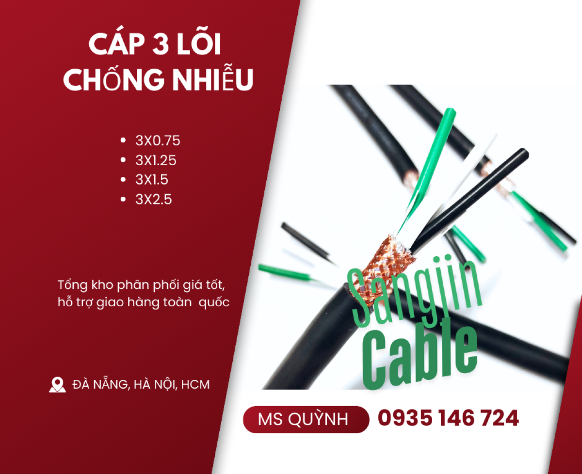Cáp sangjin 3x0.5, 3x0.75, 3x1.25, 3x1.5, 3x2.5 Sài Gòn, Long An, Đồng Tháp, An Giang