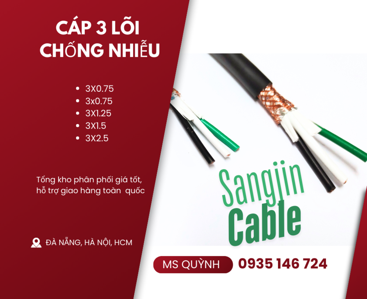 Cáp sangjin 3x0.5, 3x0.75, 3x1.25, 3x1.5, 3x2.5 Sài Gòn, Long An, Đồng Tháp, An Giang