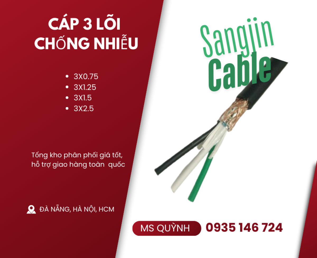 Cáp sangjin 3x0.5, 3x0.75, 3x1.25, 3x1.5, 3x2.5 Sài Gòn, Long An, Đồng Tháp, An Giang