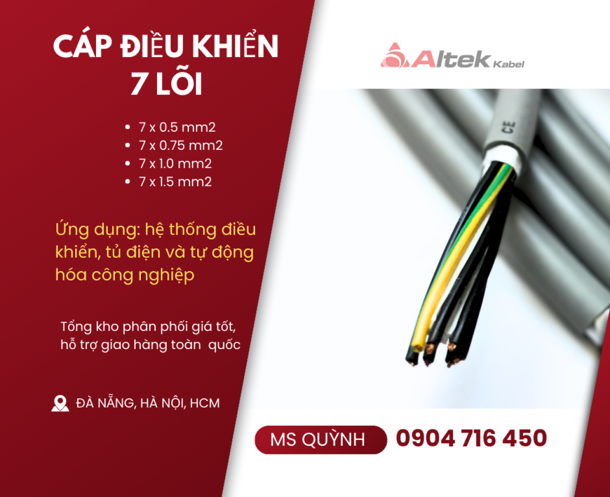 Cáp 7x0.5, 7x0.75, 7x1.0, 7x1.5 dùng cho tự động hóa, thang máy sẵn kho Đà Nẵng,Hà Nội, Bình Định, Nghệ An