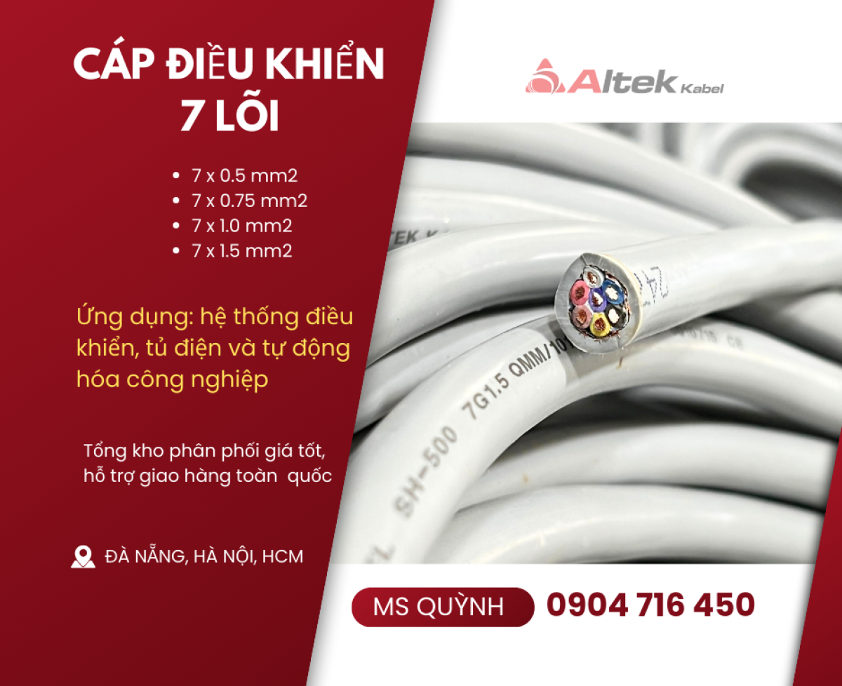 Cáp 7x0.5, 7x0.75, 7x1.0, 7x1.5 dùng cho tự động hóa, thang máy sẵn kho Đà Nẵng,Hà Nội, Bình Định, Nghệ An