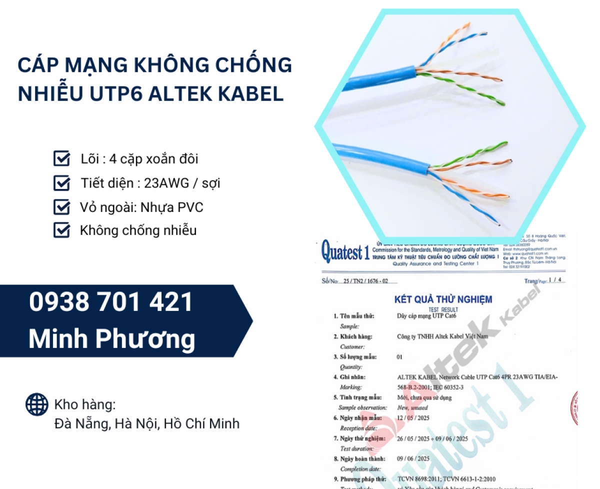 Cáp mạng không chống nhiễu utp6 Altek Kabel sẵn kho Đà Nẵng, Hà Nội, Hồ Chí Minh