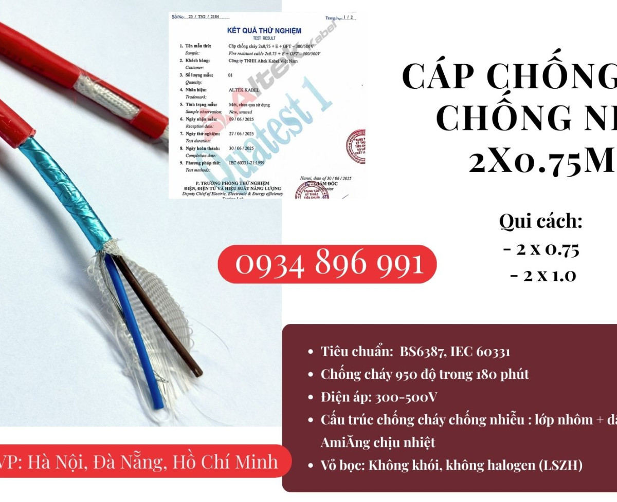 Cáp Chống Cháy Chống Nhiễu 2x0.75 Mm2 Đồng Nai, Bình Phước, Long An Đạt Chuẩn Bs6387, Iec 60331