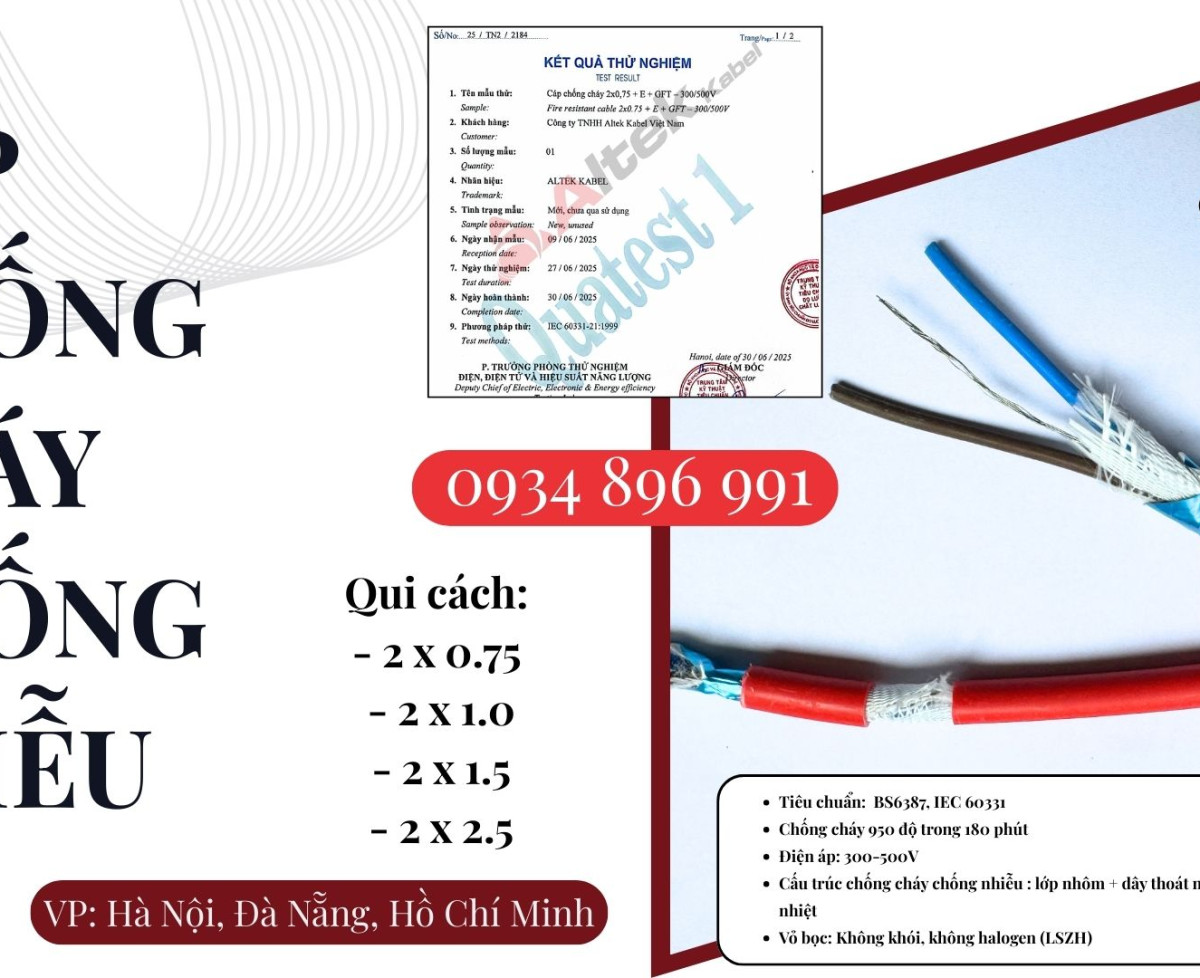 Dây Điện Chống Cháy Chống Nhiễu 2x2.5 Đạt Chuẩn Bs6387, Iec 60331 Sơn La, Hòa Bình, Yên Bái