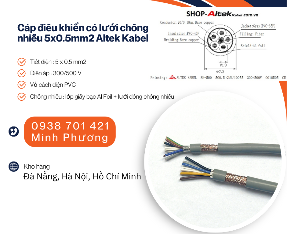 Cáp điều khiển có lưới chống nhiễu 5x0.5mm2 Altek Kabel Hồ Chí Minh, Bình Dương, Bình Phước
