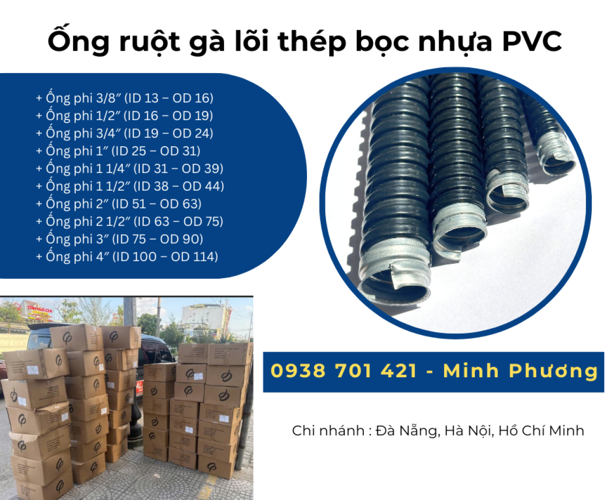 Ống ruột gà lõi thép bọc nhựa PVC giao ngay Đà Nẵng, Quãng Ngãi, Quảng Trị