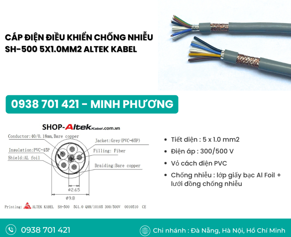 Dây cáp điện điều khiển chống nhiễu SH-500 5x1.0mm2 Đà Nẵng, Hồ Chí Minh, Hà Nội