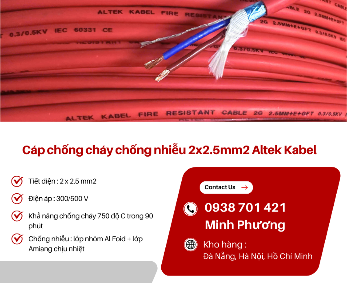 Dây cáp điện chống cháy chống nhiễu Altek Kabel 2x2.5mm2 Huế, Bình Định, Phú Yên