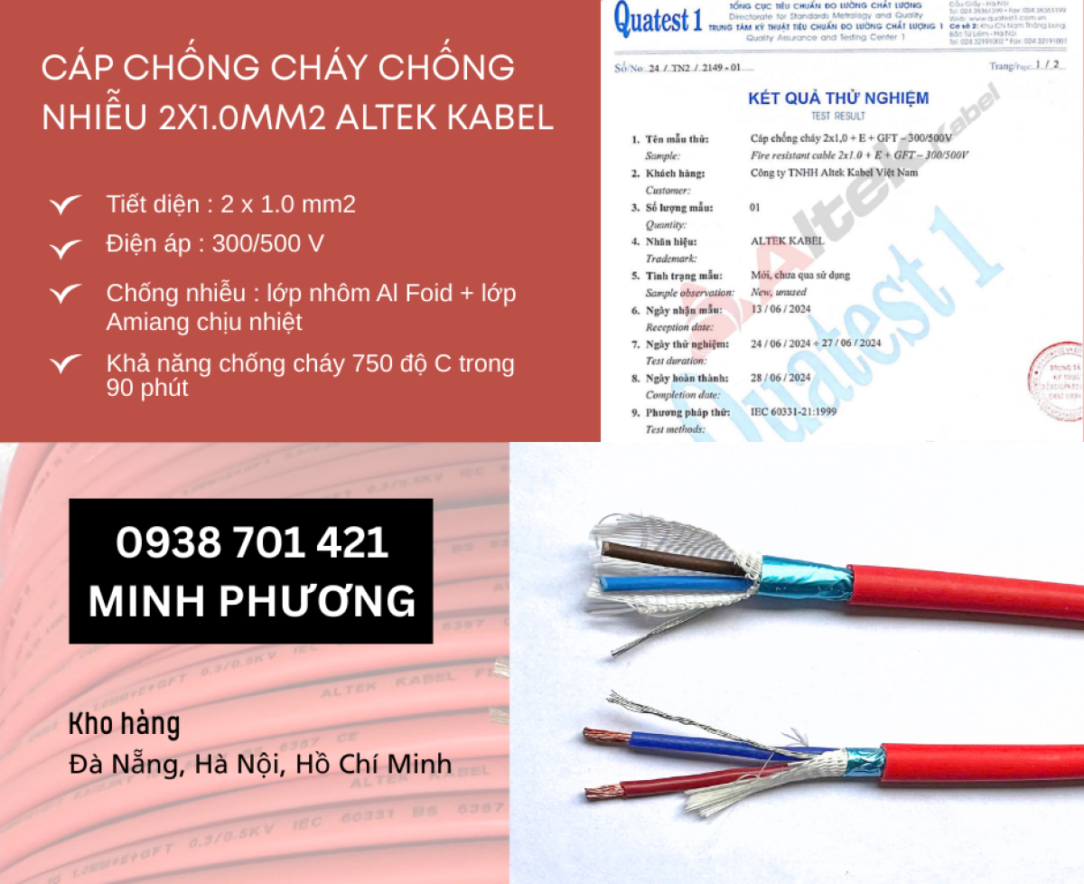 Dây cáp điện chống cháy chống nhiễu 2x1.0mm2 Altek Kabel Đà Nẵng, Quảng Ngãi, Huế