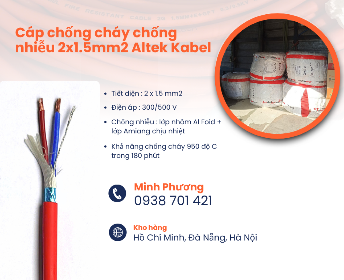 Dây chống cháy chống nhiễu 2x1.5mm2 Altek Kabel Bình Định, Quảng Ngãi, Quảng Trị